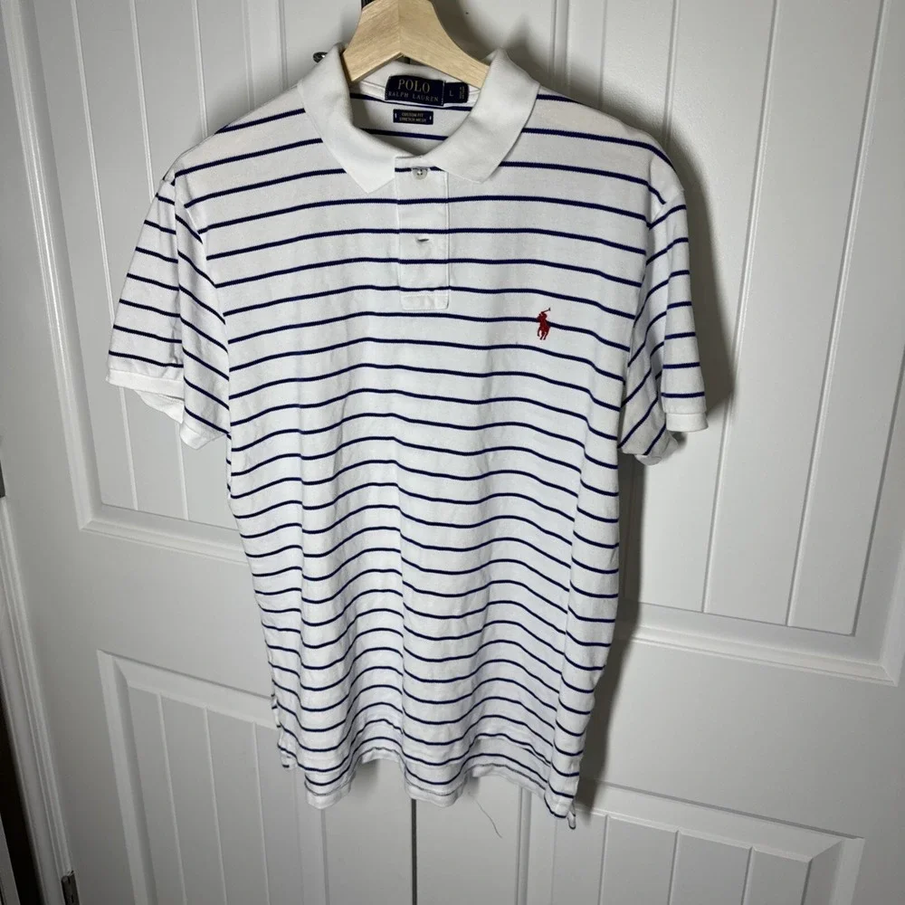 Men's Polo Ralph Lauren Collared Striped White and blue Shirt Short Sleeve Large